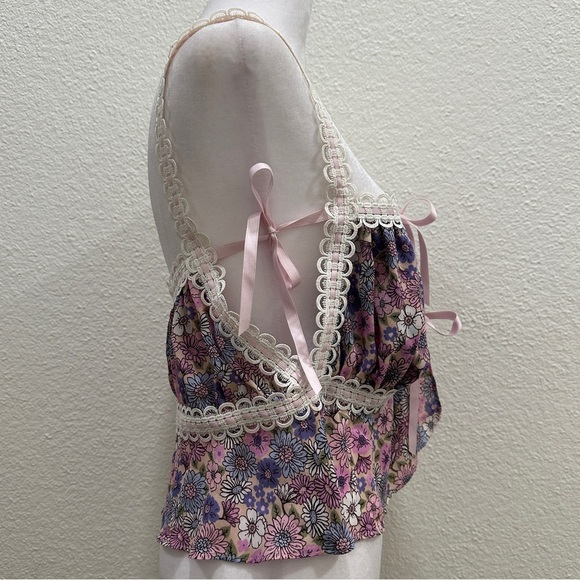 FOR LOVE & LEMONS Willow Multi Floral Bow Tie Ribbon Bow Coquette Top Purple XL - Picture 6 of 12
